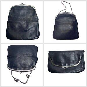 VTG 50s Navy Kiss Lock Snap Leather Hand Bag Purse Silvertone Chain Strap Women